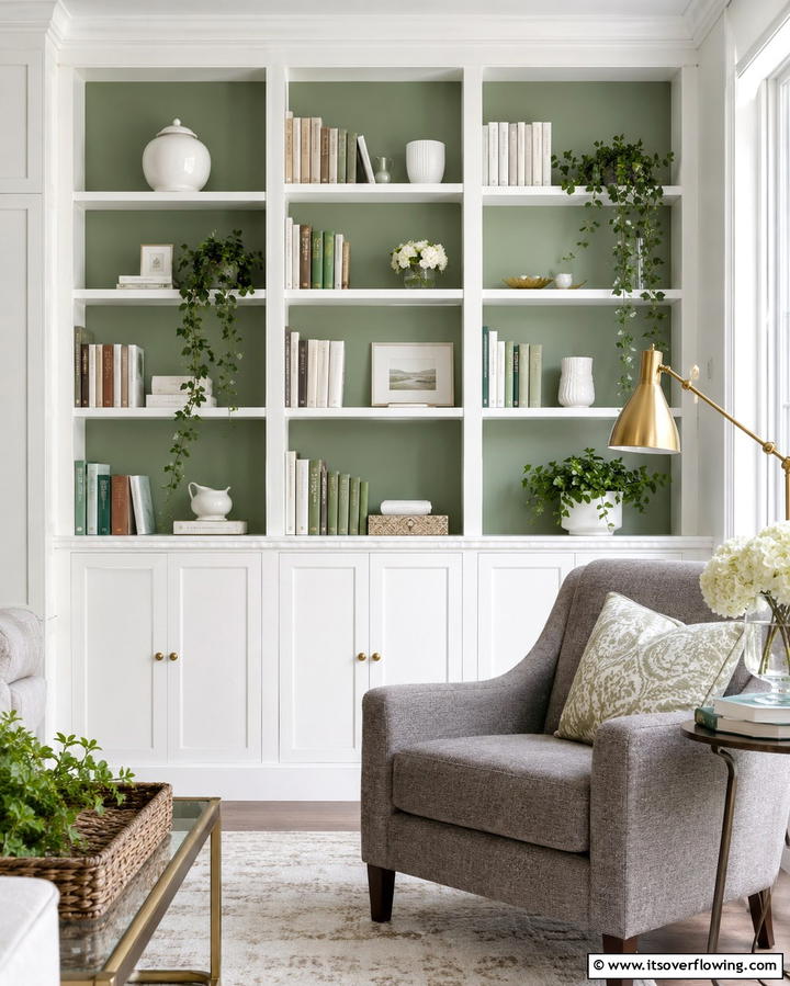 Arrange Green Bookshelves for a Stylish Display - 25 Green Living Room Ideas for a Fresh and Calming Space