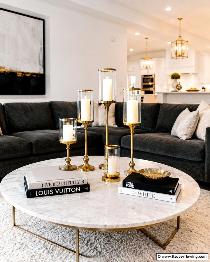 Arrange a Balanced Display of Candlesticks - 25 Coffee Table Decor Ideas for Stylish Living Rooms