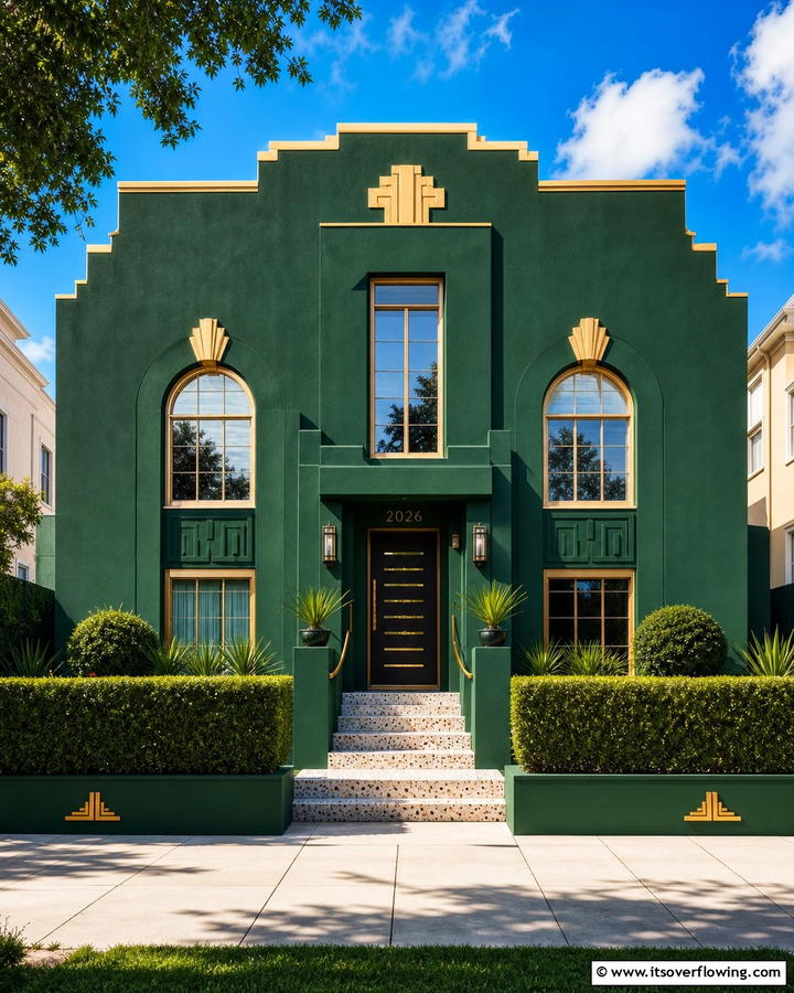 Art Deco Emerald Flair - 21 Dark Green Exterior Paint Color Schemes for Modern Homes