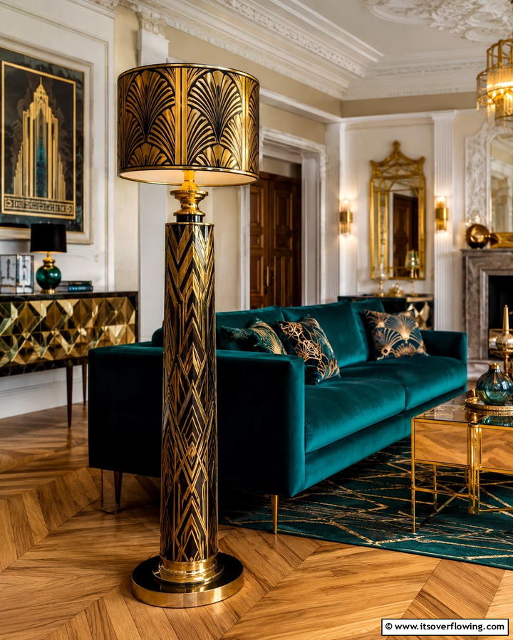 Art Deco Floor Lamp with Pattern - 30 Living Room Floor Lamp Ideas- Stylish Lighting Solutions