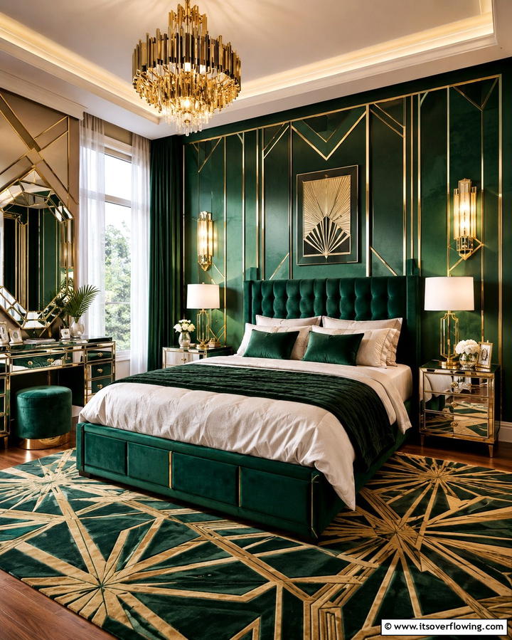 Art Deco Green Panels - 30 Green Panelling Ideas for a Serene Bedroom