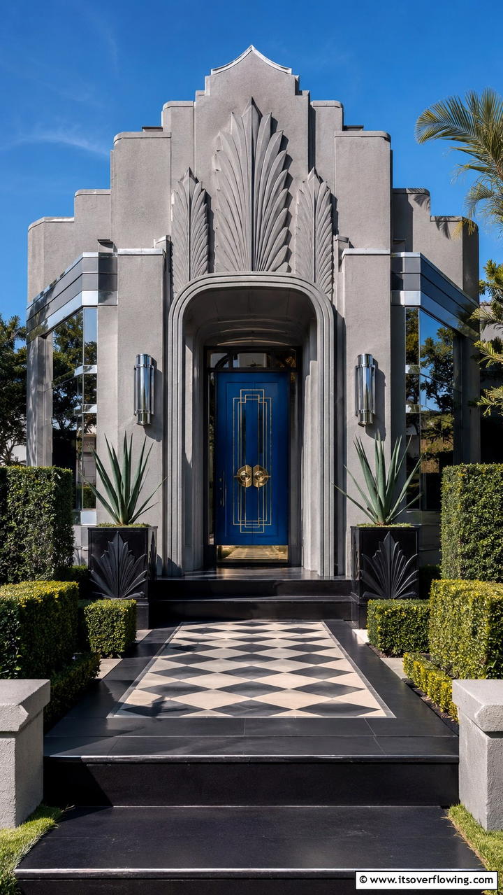 Art Deco Influence - 30 Grey House With Blue Door Ideas- Charming Curb Appeal