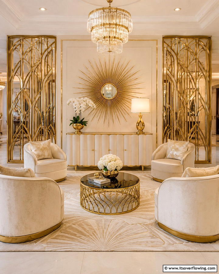 Art Deco Inspired Cream and Gold Lounge - 30 Elegant Cream & Gold Living Room Themes for Luxe Interiors