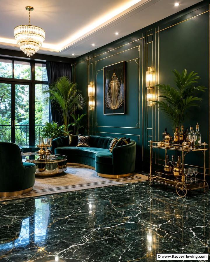 Art Deco Inspired Dark Green Living Room - 30 Rich Dark Green Living Room Designs for Cozy Elegance