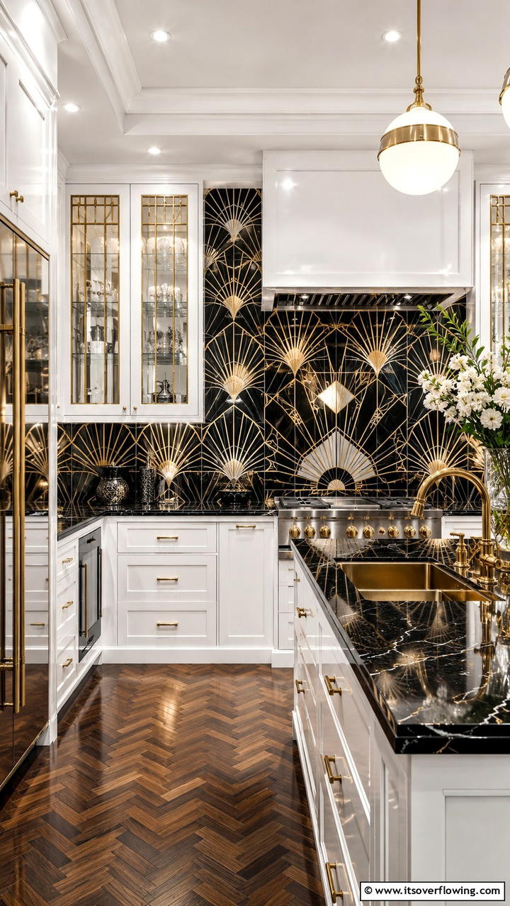 Art Deco Inspired Design - 21 White Cabinet Kitchen Backsplash Ideas for Contrast