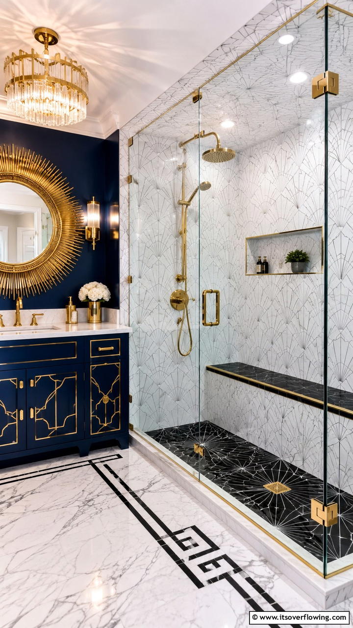 Art Deco Inspired Walk In Shower with Elegant Bench - 21 Walk-In Shower Ideas With Bench for Spa-Like Comfort