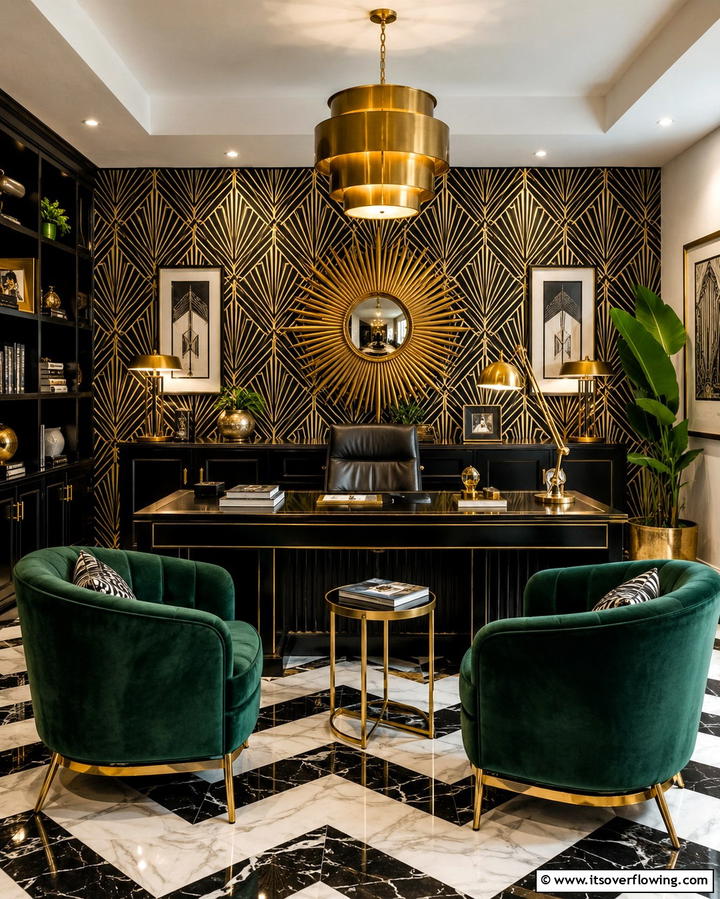 Art Deco Inspired Workspace - 30 Basement Office Ideas for Productive Below-Ground Workspaces