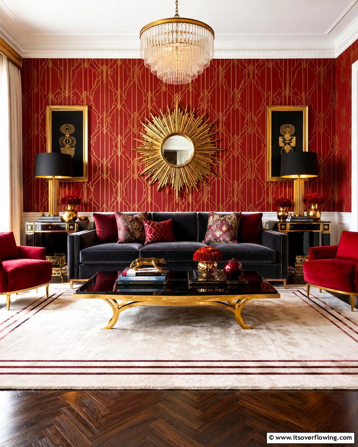 Art Deco Red Influences - 30 Red Living Room Ideas for Bold and Vibrant Spaces