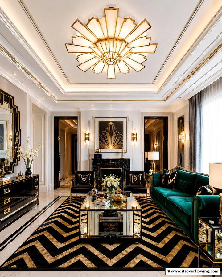 Art Deco Revival Glow - 30 Living Room Ceiling Lighting Ideas- Elevate Your Space