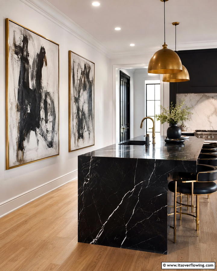Art Inspired Decor Elements - 30 Luxe Black, White, and Gold Kitchen Ideas for Elegant Spaces