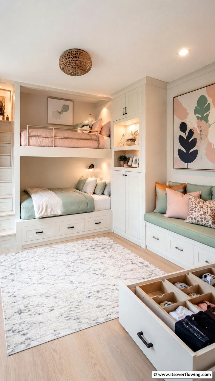 Artful Bunk Room with Creative Storage Solutions - 30 Bunk Room Ideas for Fun and Functional Kids’ Spaces