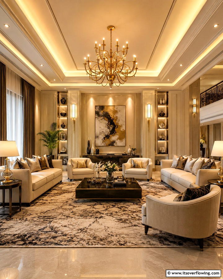 Artful Cream and Gold Layered Lighting - 30 Elegant Cream & Gold Living Room Themes for Luxe Interiors