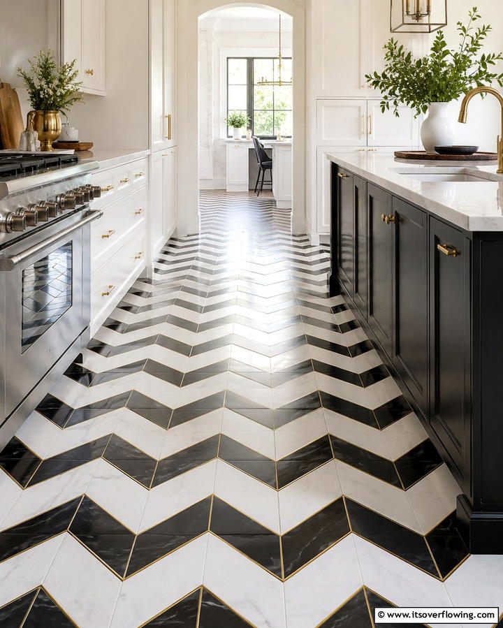 Artful Floor Patterns - 30 Luxe Black, White, and Gold Kitchen Ideas for Elegant Spaces