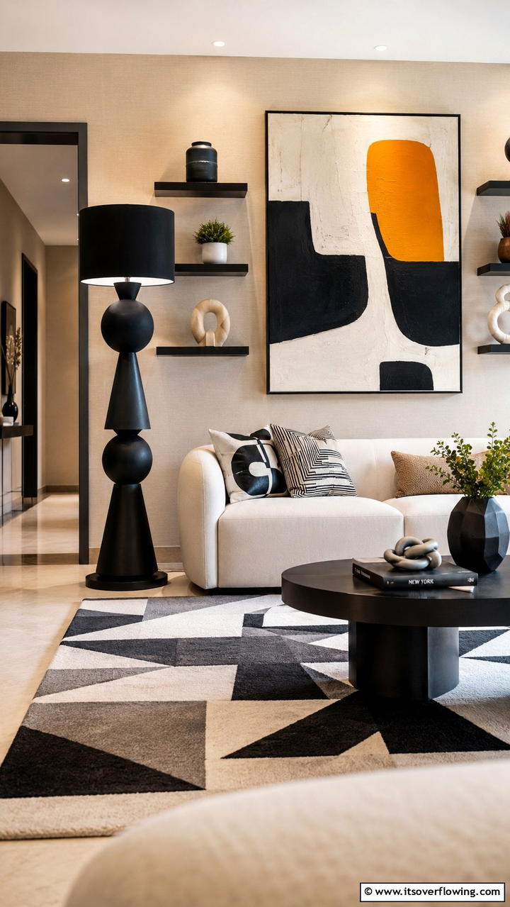 Artful Statement Spaces - 30 Black & Beige Living Room Ideas for Modern Contrast