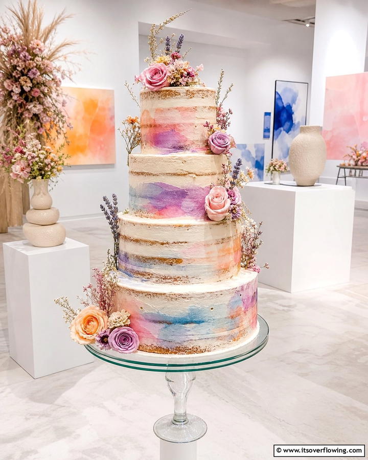 Artful Watercolor Cake - 21 Naked Wedding Cake Ideas for Minimalist Elegance