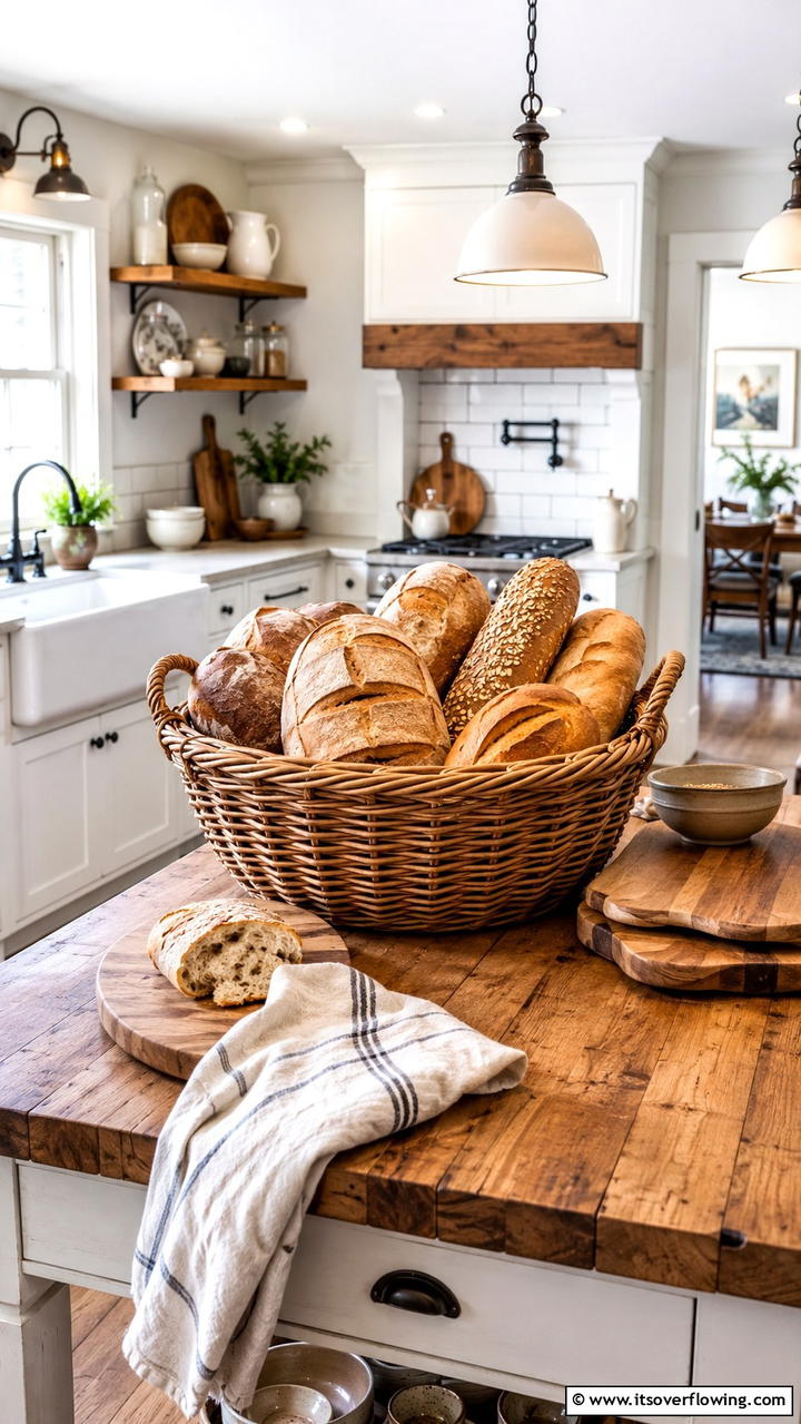 Artisan Bread Basket Display - 30 Cottage Kitchen Ideas for Cozy, Charming Farmhouse Style
