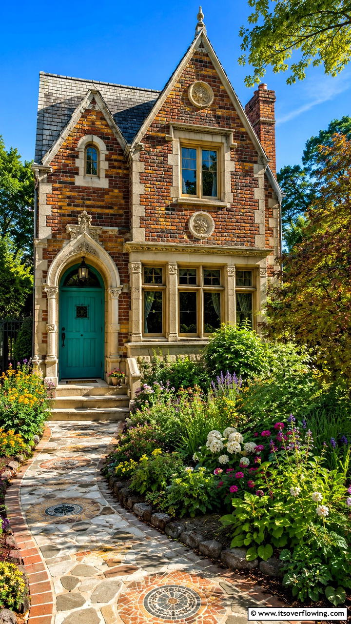 Artisan Brick Dwelling with Handcrafted Stone Details - 30 Brick Houses With Stone Accents- Exterior Design Inspiration