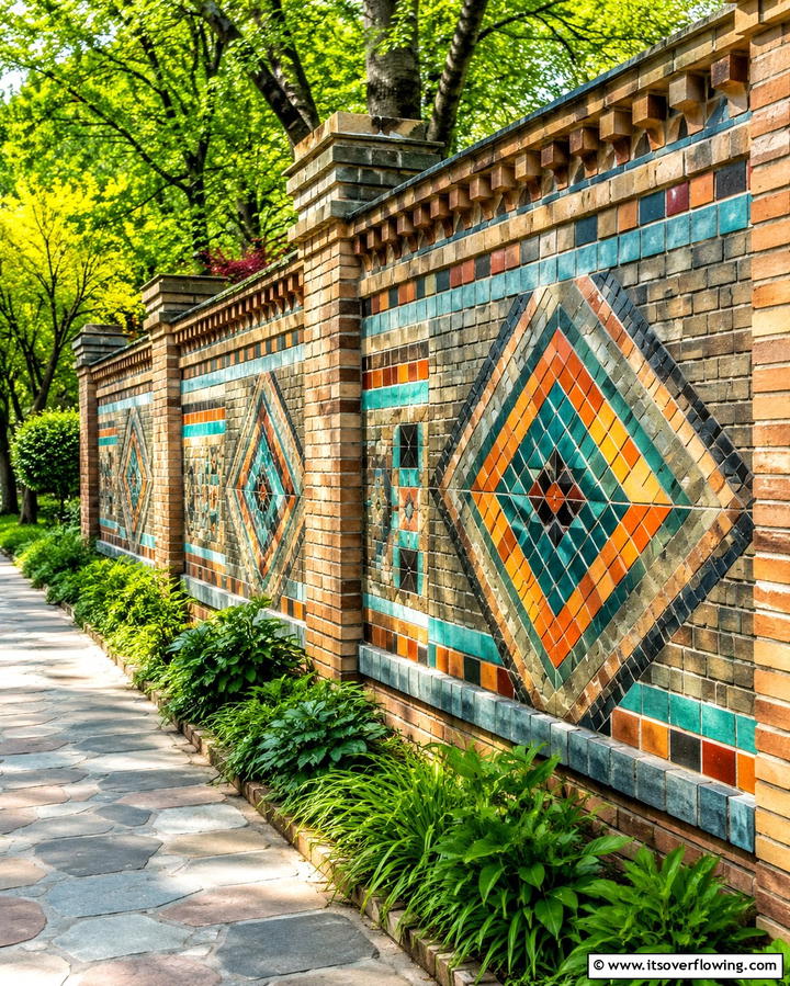 Artisan Brick Mosaic Fence - 30 Classic Brick Fence Ideas for Timeless Outdoor Security & Charm