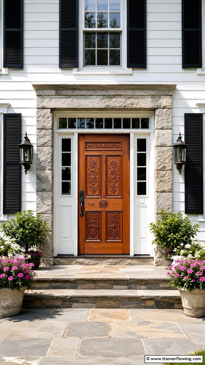 Artisan Carved Panels - 30 Colonial Front Door Ideas to Enhance Your Home’s Charm