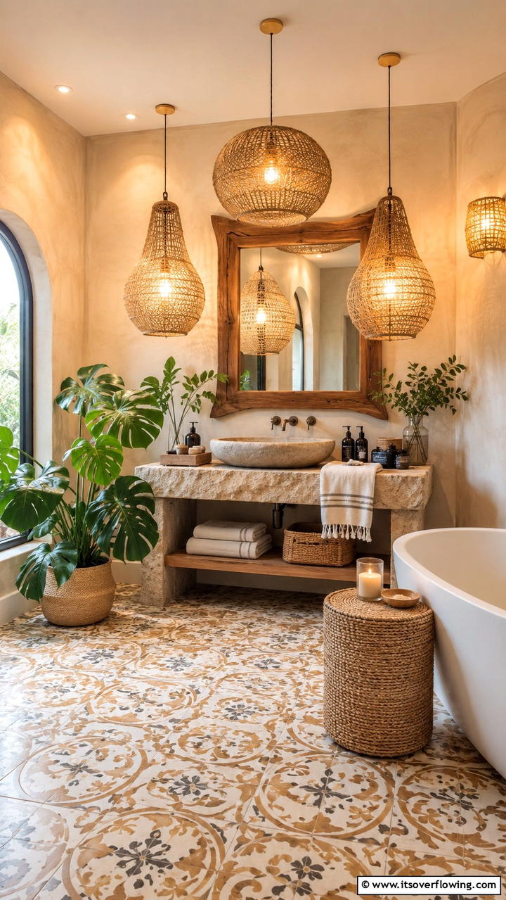 Artisan Lighting Fixtures - 30 Boho Bathroom Ideas for Relaxed, Global-Inspired Style