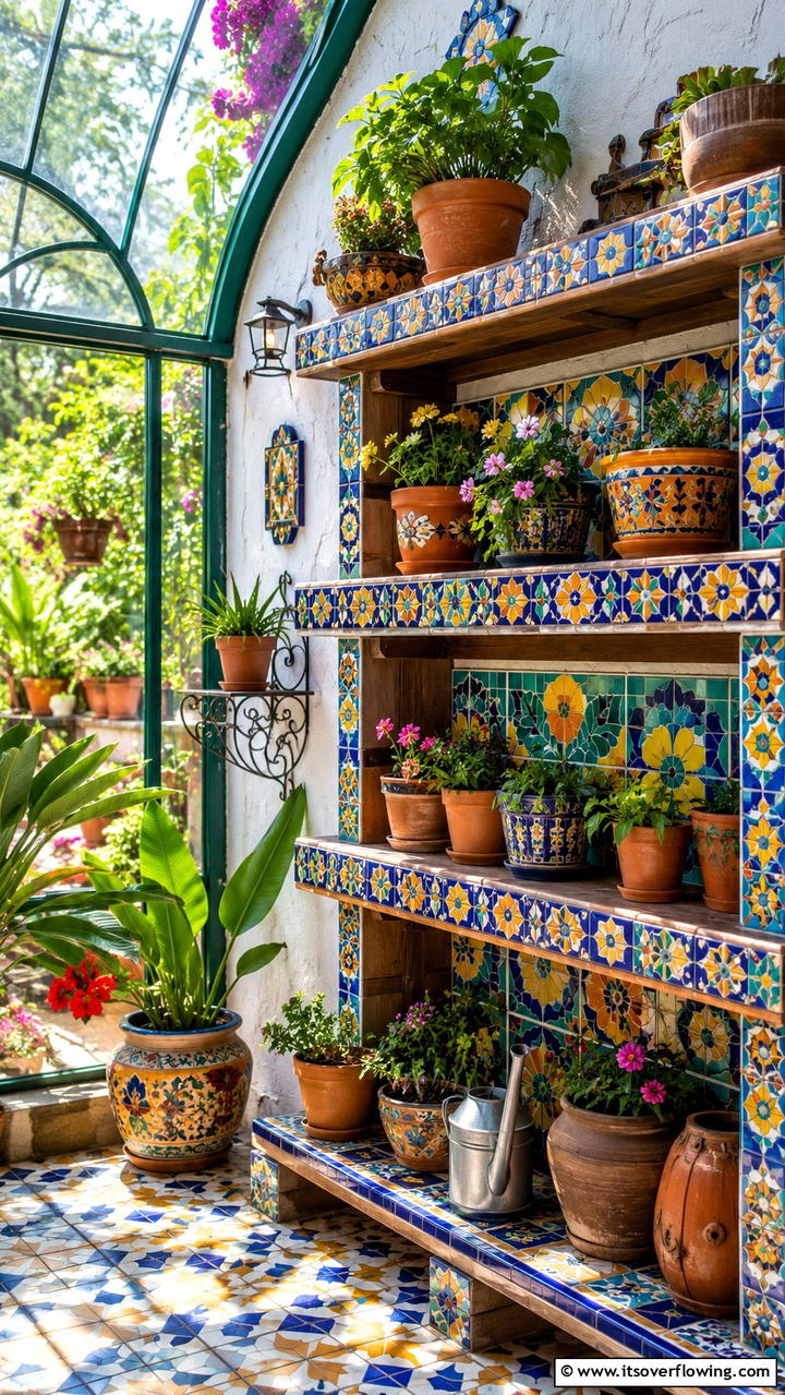 Artisan Mosaic Tiled Shelves - 30 Greenhouse Shelving Ideas- Organized Plant Storage