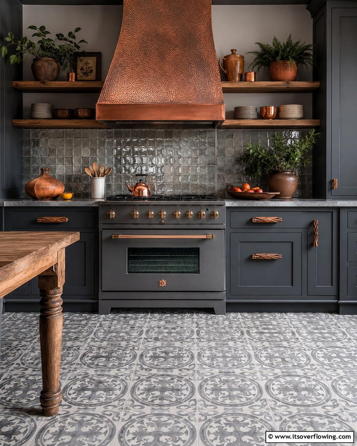 Artisanal Grey Kitchen with Unique Details - 30 Kitchens with Grey Floors- Sleek & Modern Flooring Ideas