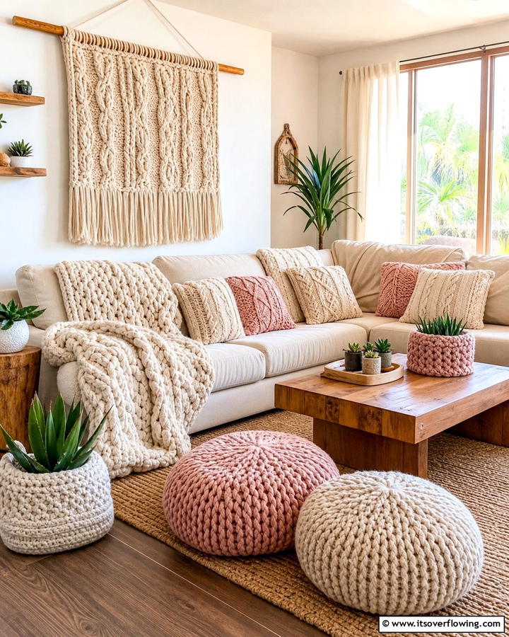 Artisanal Knitted Accents - 30 Boho Chic Living Room Ideas for a Cozy and Eclectic Vibe