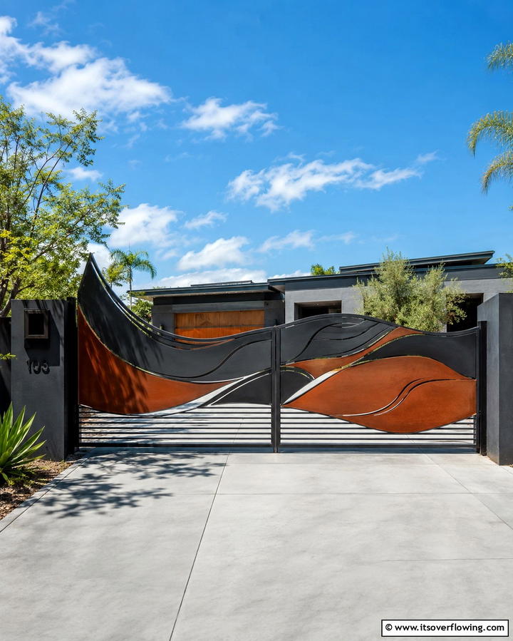 Artistic Abstract Metalwork Gate - 30 Stylish Driveway Gate Ideas for Curb Appeal