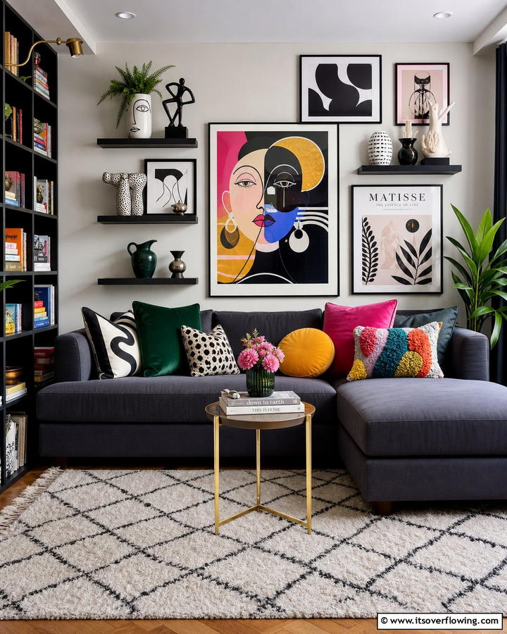 Artistic Accent Integration - 21 Dark Grey Couch Living Room Styling Ideas