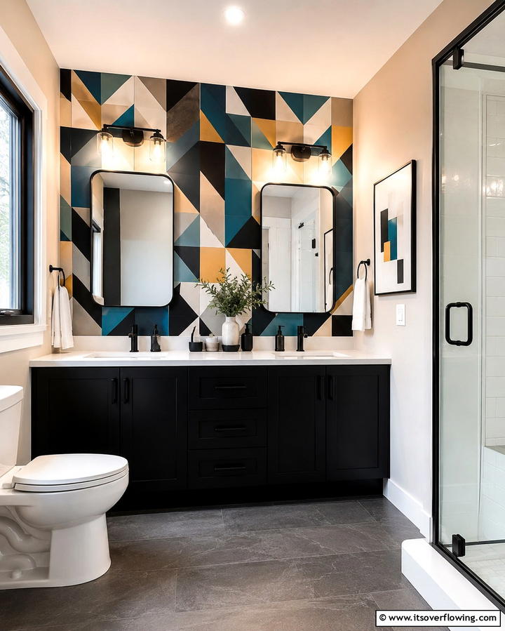 Artistic Accent Walls - 30 Black Cabinet Bathroom Ideas for Dramatic Modern Spaces