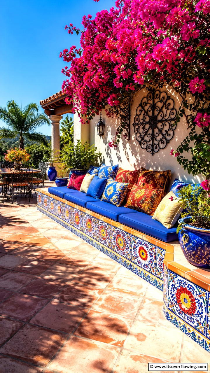 Artistic Bench with Mosaic Accents - 30 Built-In Deck Bench Ideas- Functional Outdoor Seating