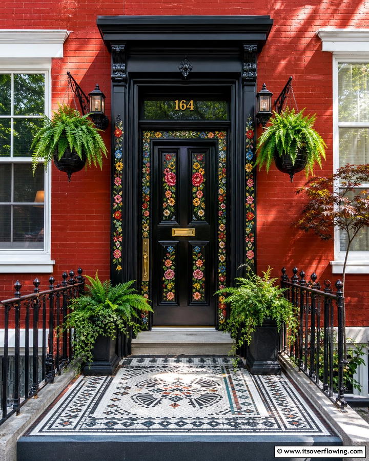 Artistic Black Door with Hand Painted Designs - 21 Black Front Door Ideas for Bold First Impressions
