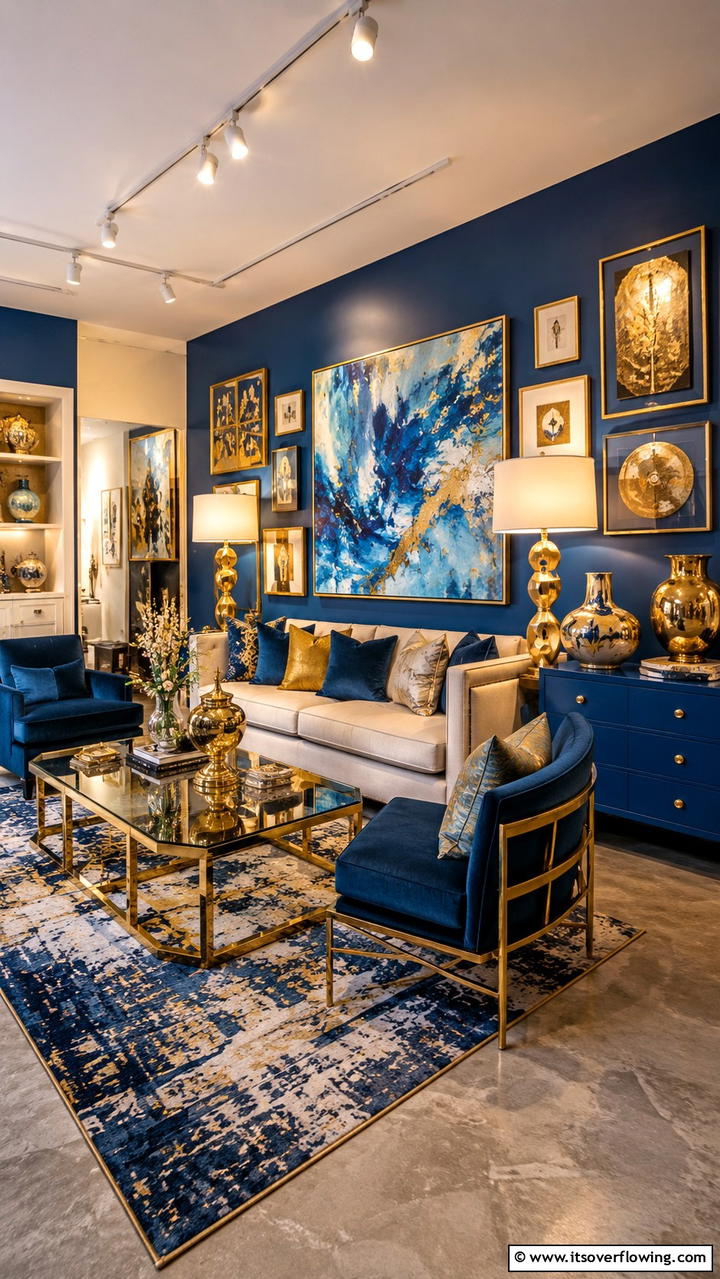 Artistic Blue Decor Enhanced by Gold - 30 Stunning Blue and Gold Living Room Ideas for Elegant Spaces