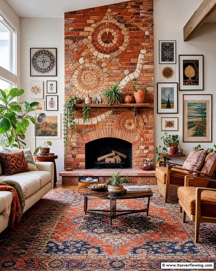 Artistic Brick Mosaic - 21 Rustic Brick Fireplace Ideas for Warm Living Rooms