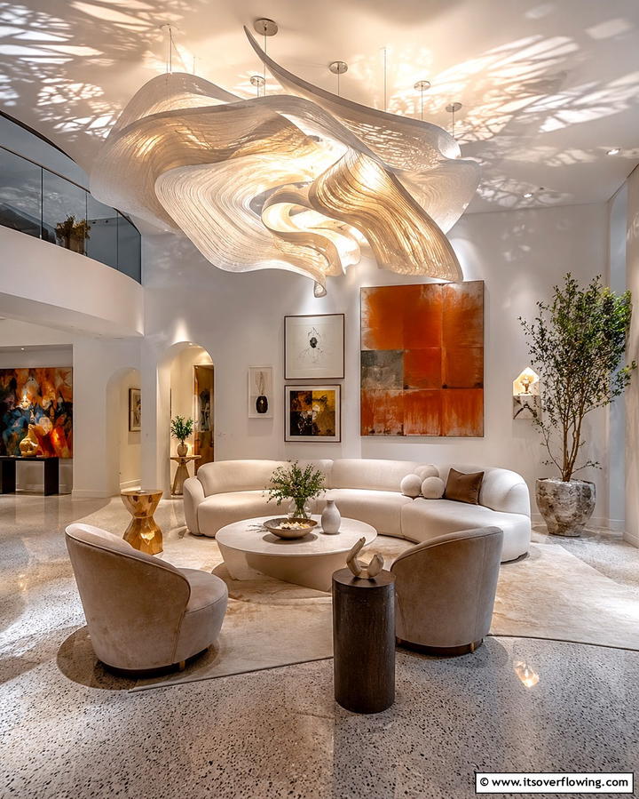 Artistic Ceiling Sculptures - 30 Living Room Ceiling Lighting Ideas- Elevate Your Space