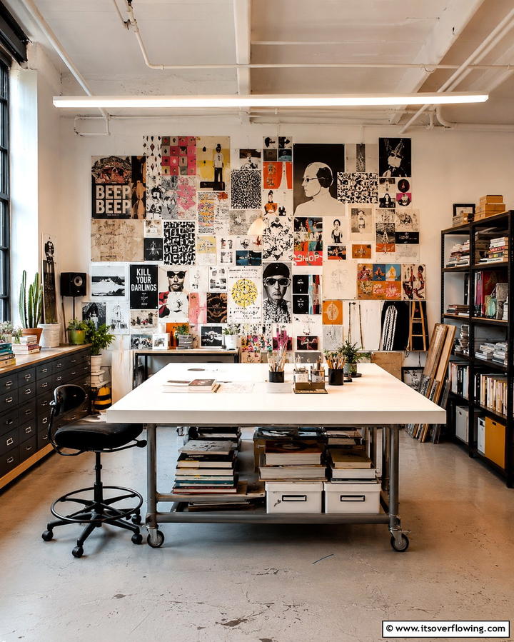 Artistic Collage Print Studio Office - 30 Bohemian Home Office Ideas for Eclectic Workspace Vibes