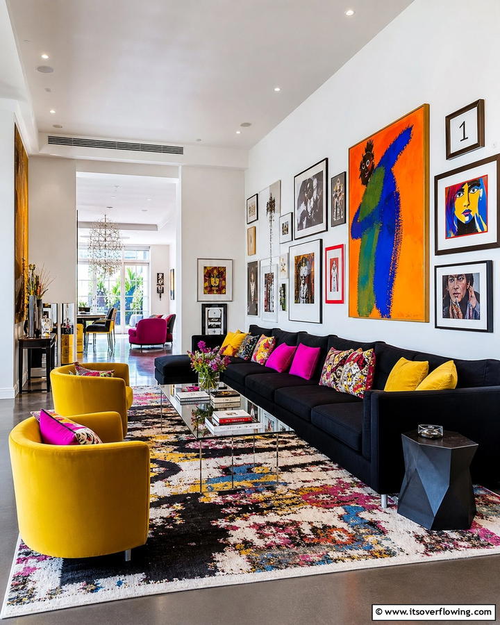 Artistic Contrast with Bold Colors - 21 Chic Black Couch Living Room Styling Inspirations