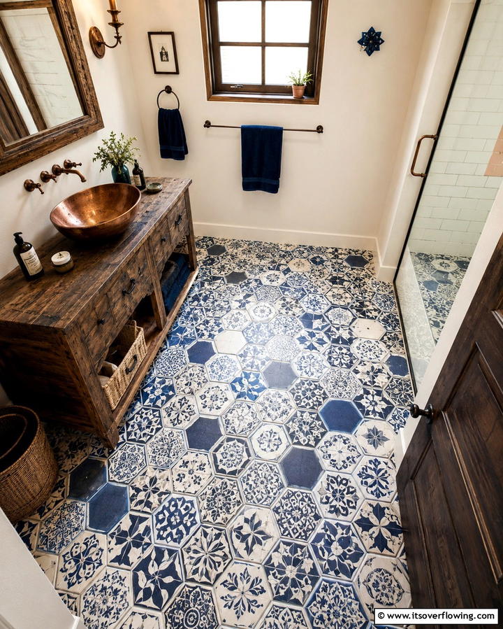 Artistic Designs with Hand Painted Hexagon Tiles - 30 Bathrooms with Hexagon Tile Floor Design Ideas