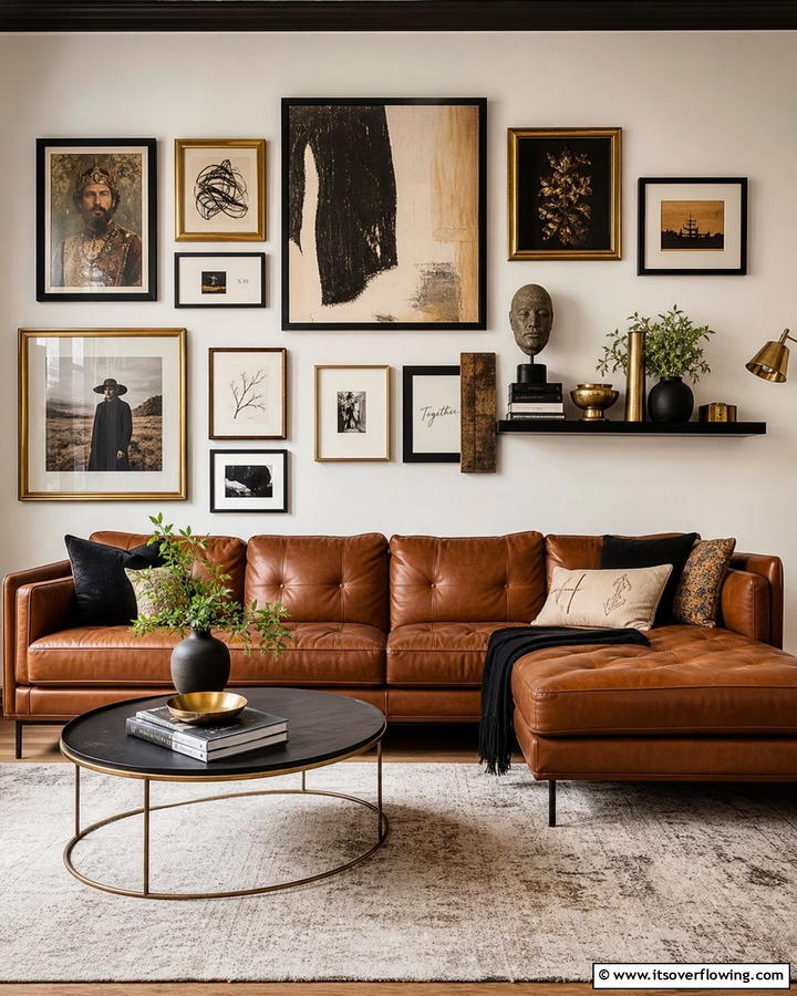 Artistic Display with Gallery Walls - 25 Brown Leather Couch Living Room Ideas