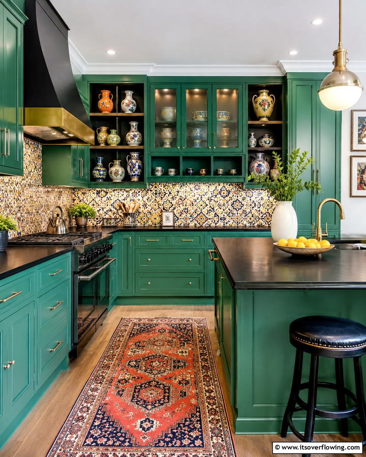 Artistic Eclecticism - 30 Green Kitchen Cabinets & Black Countertops Pairing Ideas