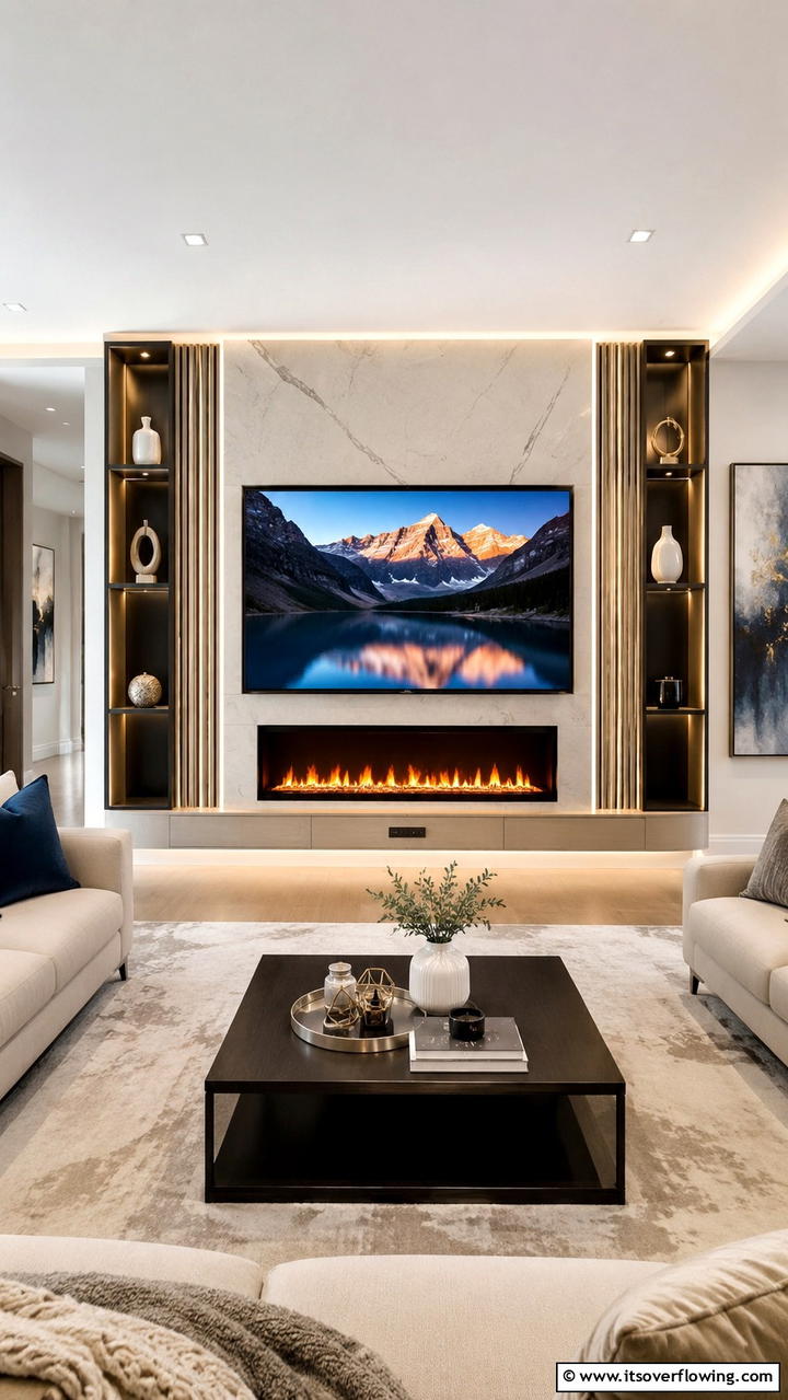 Artistic Electric Fireplace with Embedded TV - 30 Electric Fireplace Ideas With TV Above for Cozy Spaces