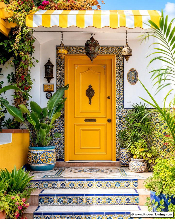 Artistic Expression with Bold Patterns - 20 Mustard Yellow Front Door Ideas for a Bold Entrance