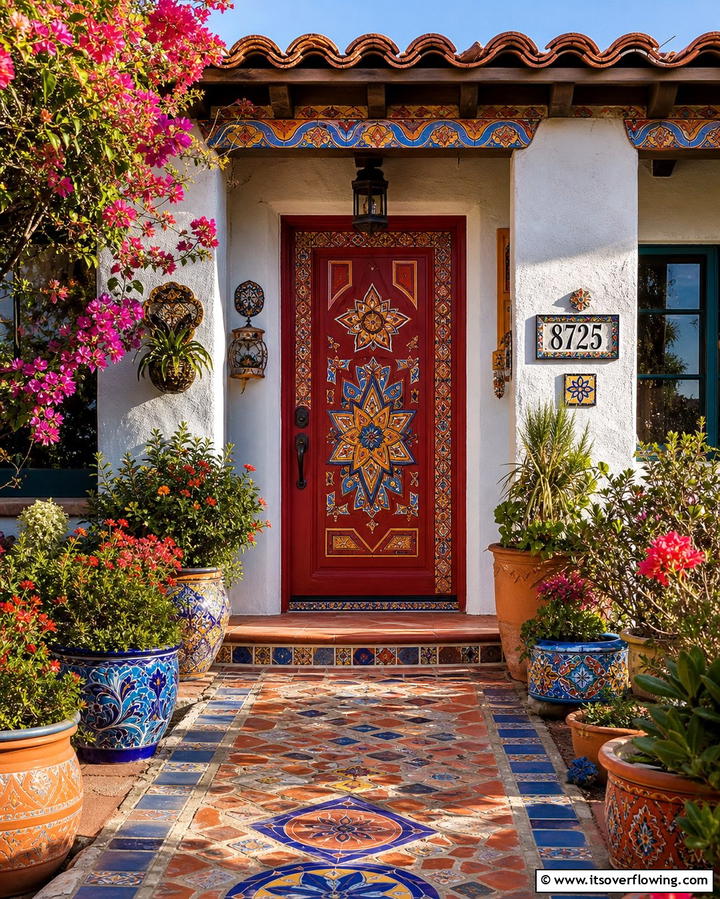 Artistic Expression with Dark Red and Painted Patterns - 25 Dark Red Front Door Ideas for a Bold Entrance