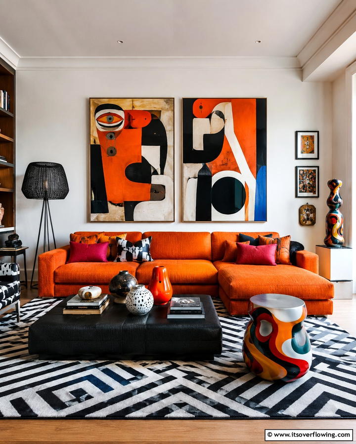 Artistic Flair with Abstract Patterns - 25 Orange Couch Living Room Ideas for a Vibrant Space