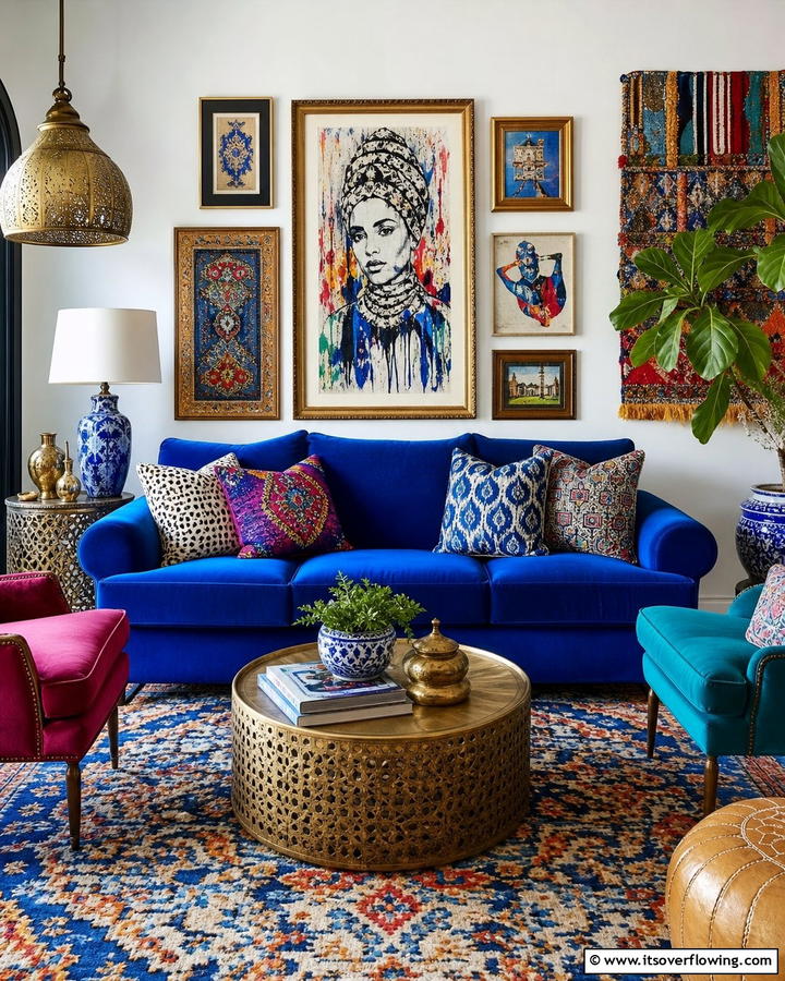 Artistic Flair with Bold Blue and Patterns - 25 Blue Couch Living Room Ideas for a Stylish Space