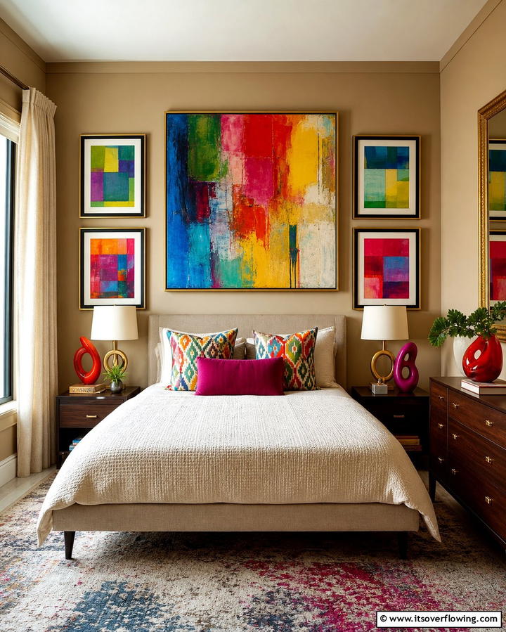 Artistic Flair with Bold Wall Art - 25 Tan Bedroom Ideas for a Warm and Cozy Space