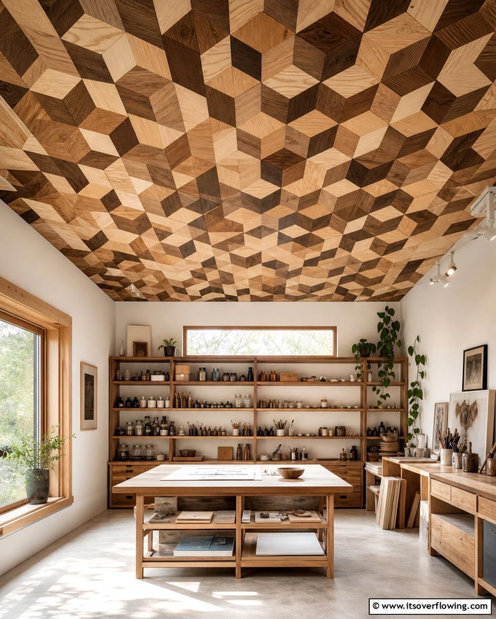 Artistic Flair with Plywood Mosaic Ceilings - 25 Plywood Ceiling Ideas for a Rustic Look