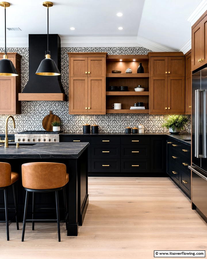 Artistic Flair with Two Tone Cabinets - 25 Brown Kitchen Cabinets With Black Countertops