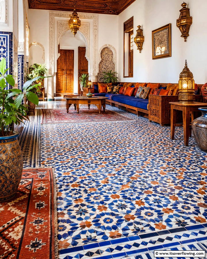 Artistic Floor Patterns - 30 Moroccan Living Room Ideas for Exotic Elegance