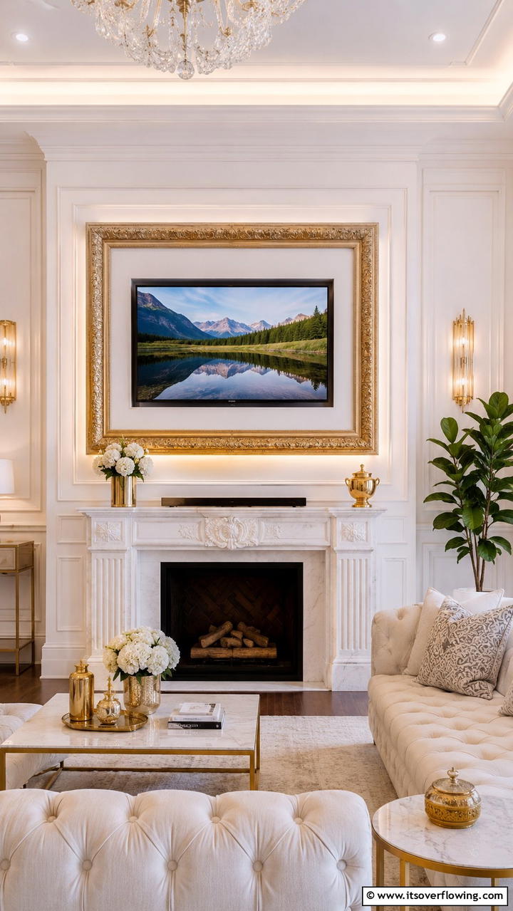 Artistic Frame Enclosure - 21 Stylish TV Over Fireplace Ideas for Modern Living Rooms